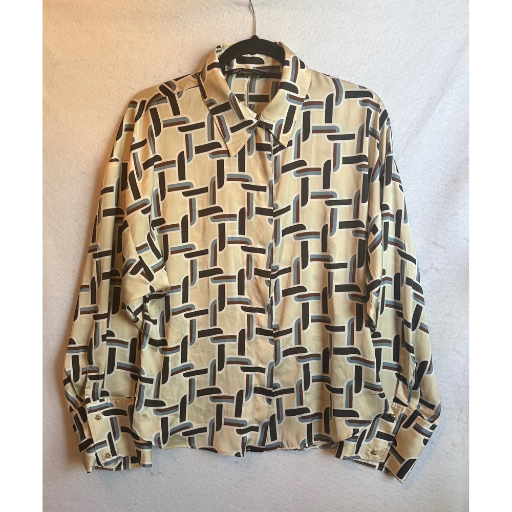 Zaraโ Womens Large Geometric Chain Link Print Button Down Shirt Cream Brown Blue